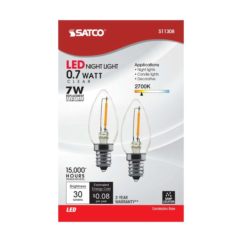 2Pk - Satco 0.7W LED C7 Clear 2700K Candelabra base 120v Carded - Image 4
