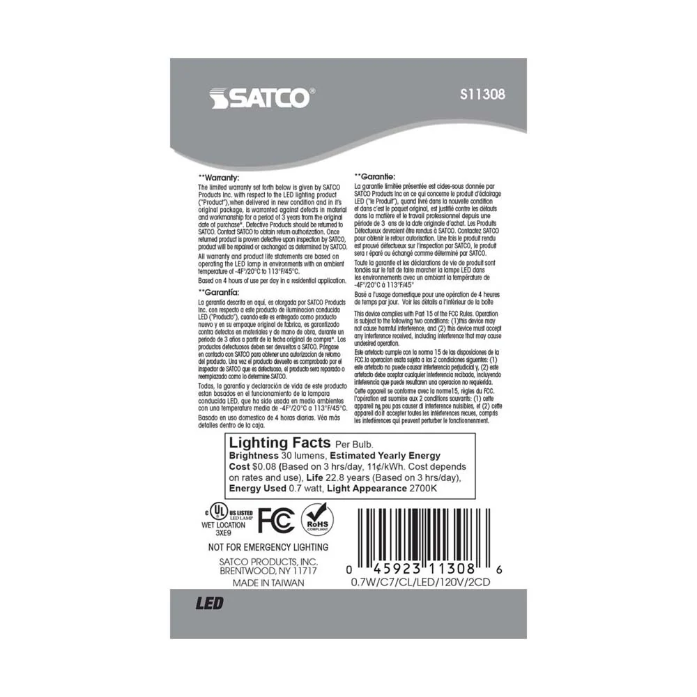 2Pk - Satco 0.7W LED C7 Clear 2700K Candelabra base 120v Carded - Image 5