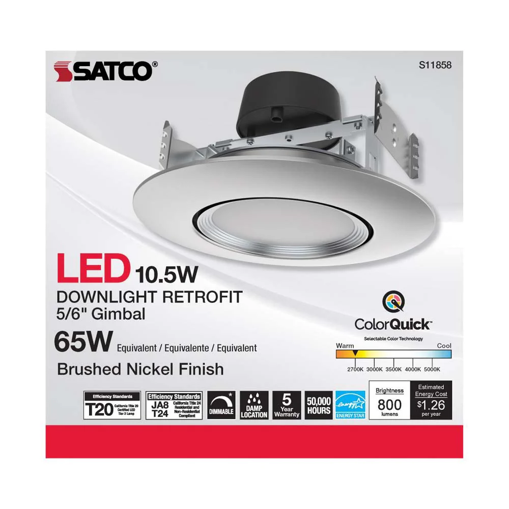 10.5w LED Direct Wire Downlight 120v CCT Tunable Brushed Nickel Finish - Image 3