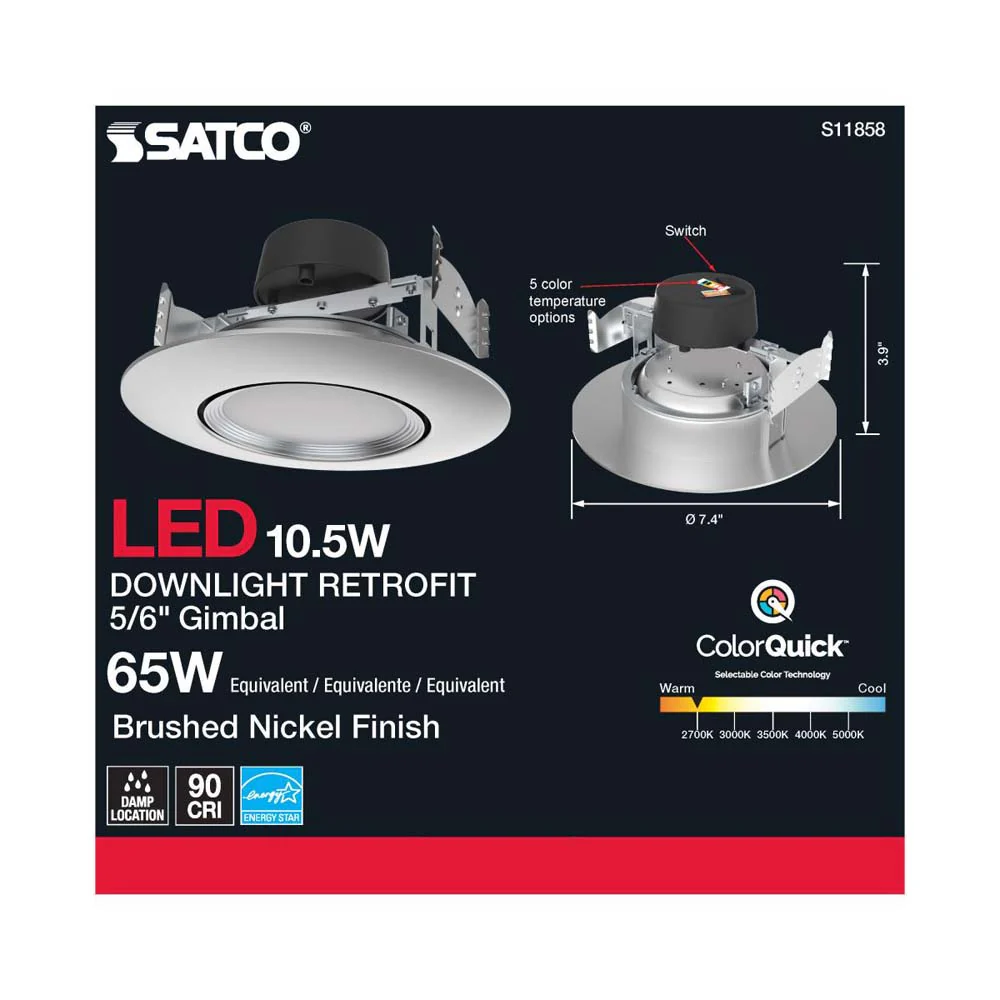 10.5w LED Direct Wire Downlight 120v CCT Tunable Brushed Nickel Finish - Image 4