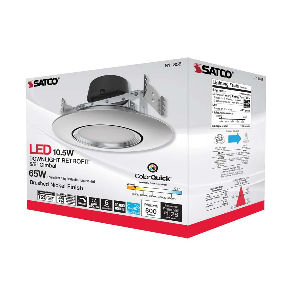 10.5w LED Direct Wire Downlight 120v CCT Tunable Brushed Nickel Finish - Image 7