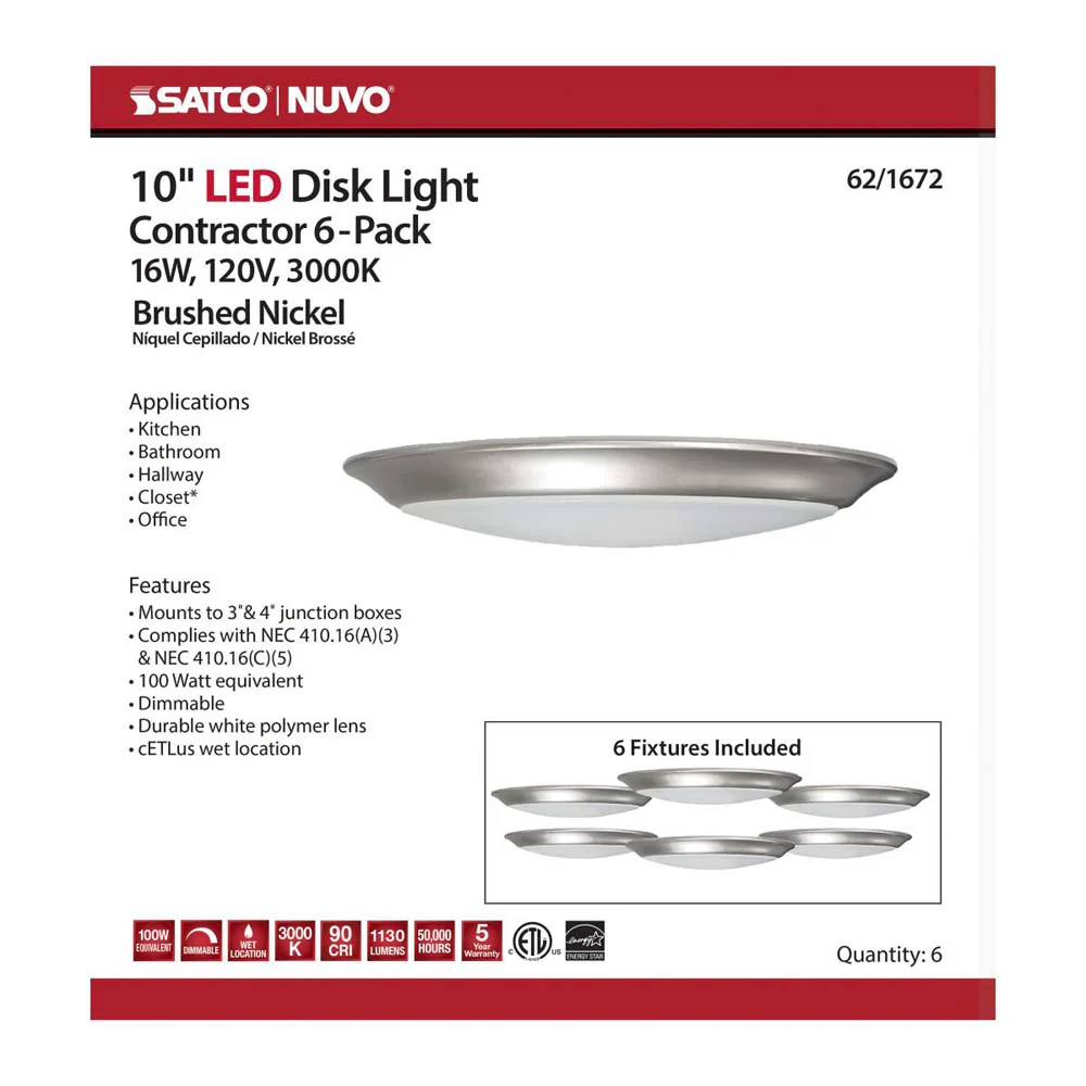 10-in LED Disk-Light 3000K 6 Unit Contractor Pack Brushed Nickel Finish - Image 4