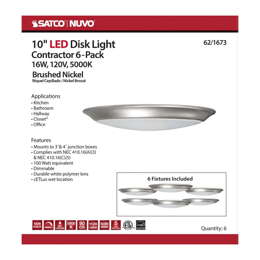 10-in LED Disk-Light 5000K 6 Unit Contractor Pack Brushed Nickel Finish - Image 4
