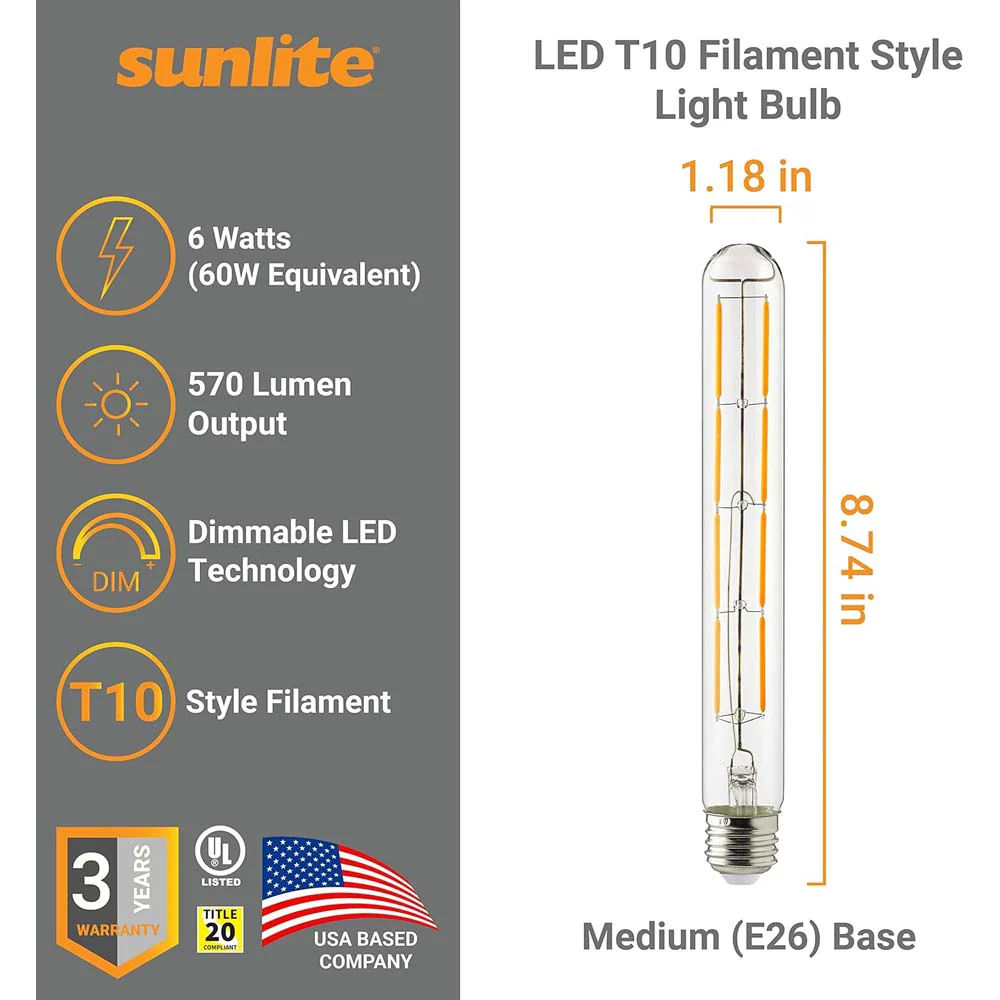 Sunlite 6w 120v LED Amber T10 Tubular E26 Base Dimmable 2200K Bulb - Image 2
