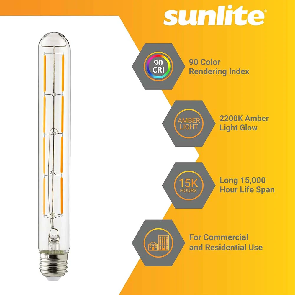 Sunlite 6w 120v LED Amber T10 Tubular E26 Base Dimmable 2200K Bulb - Image 3