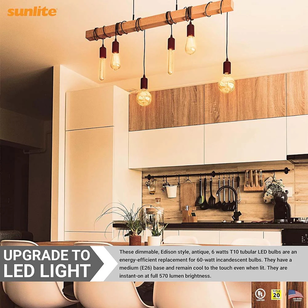 Sunlite 6w 120v LED Amber T10 Tubular E26 Base Dimmable 2200K Bulb - Image 6