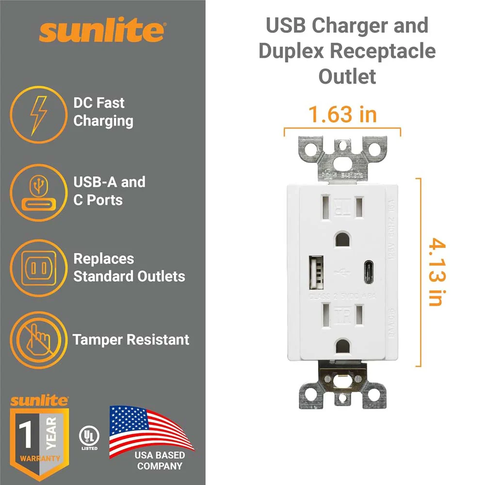 Sunlite USB Fast Charging Charger Duplex Electrical Outlet 15 Amps 125v - Image 3