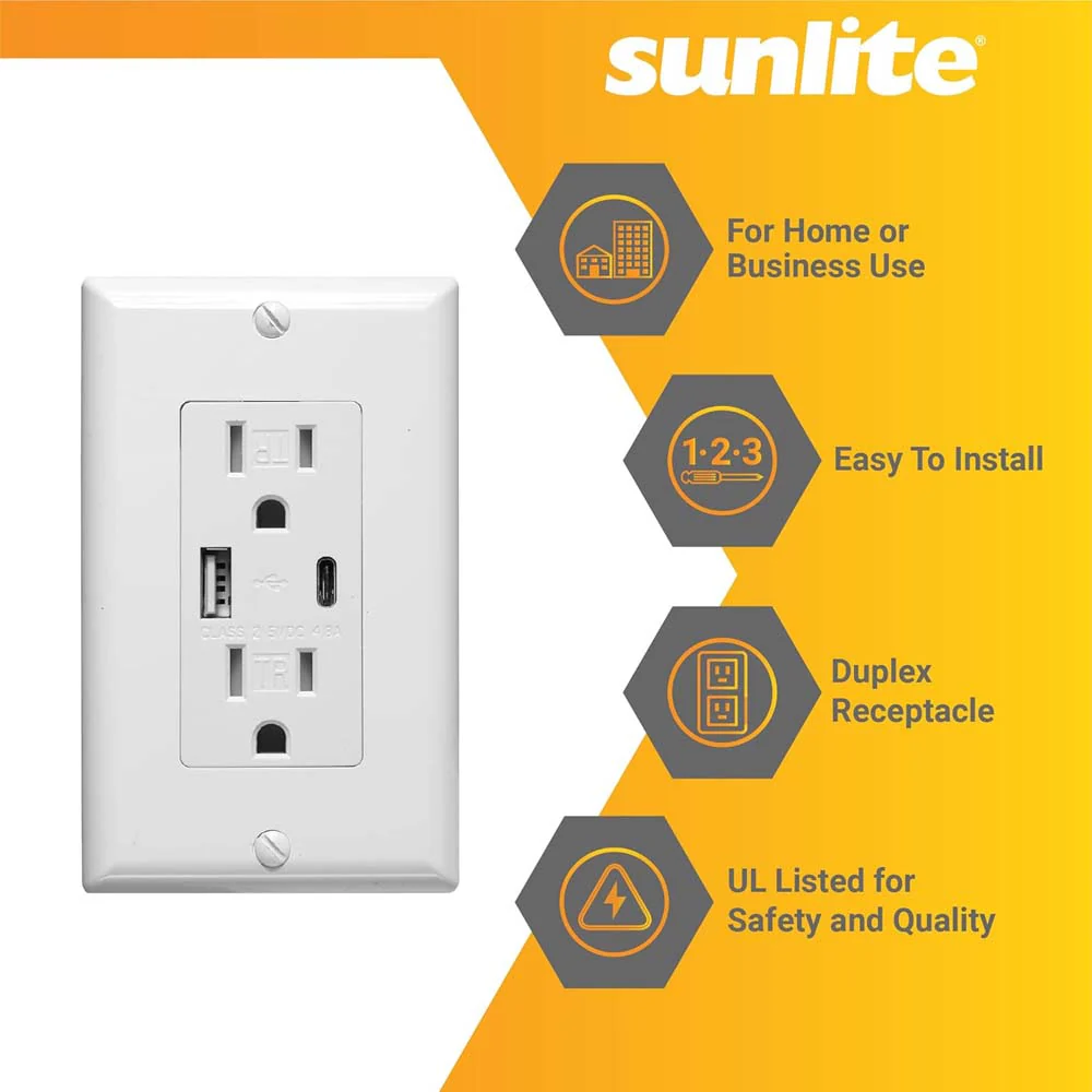 Sunlite USB Fast Charging Charger Duplex Electrical Outlet 15 Amps 125v - Image 4