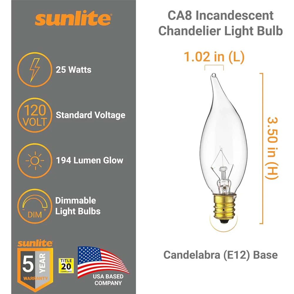 12Pk - Sunlite 25W Incandescent Flame Tip Petite Chandelier E12 Base Clear Bulb - Image 2