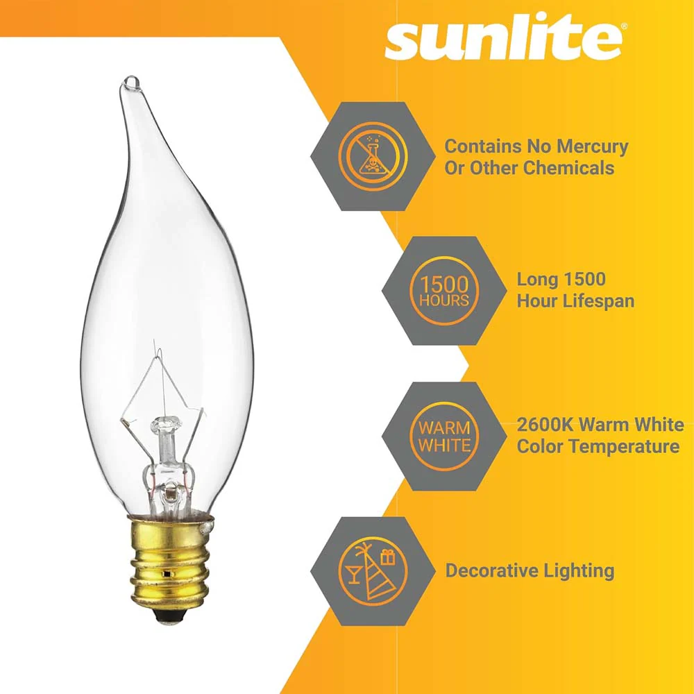 12Pk - Sunlite 25W Incandescent Flame Tip Petite Chandelier E12 Base Clear Bulb - Image 3