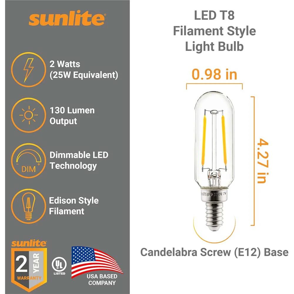 12Pk - Sunlite 2w LED Filament T8 Tubular E12 Base 2700K Bulb - 25w equiv - Image 2