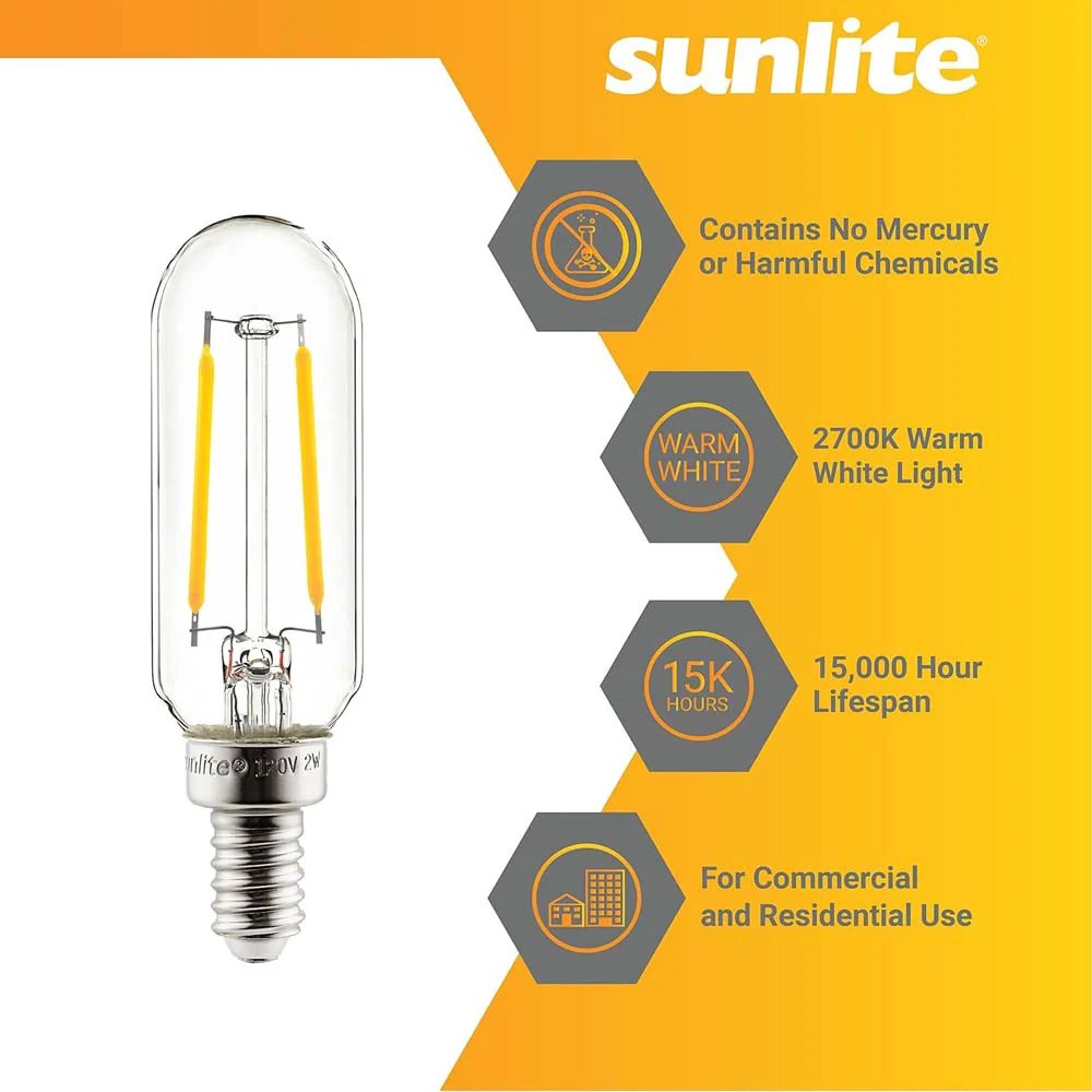 12Pk - Sunlite 2w LED Filament T8 Tubular E12 Base 2700K Bulb - 25w equiv - Image 3