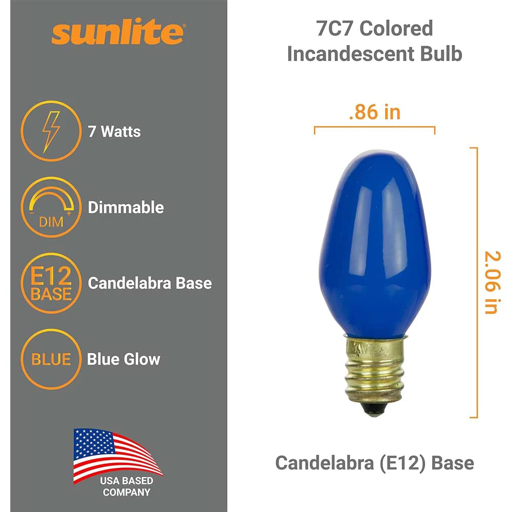 12Pk - Sunlite 7w 7C7 Incandescent E12 Base C7 Night Light Blue Colored Bulb - Image 2