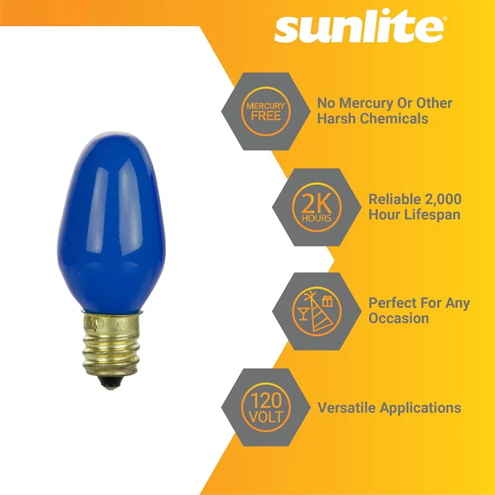12Pk - Sunlite 7w 7C7 Incandescent E12 Base C7 Night Light Blue Colored Bulb - Image 3
