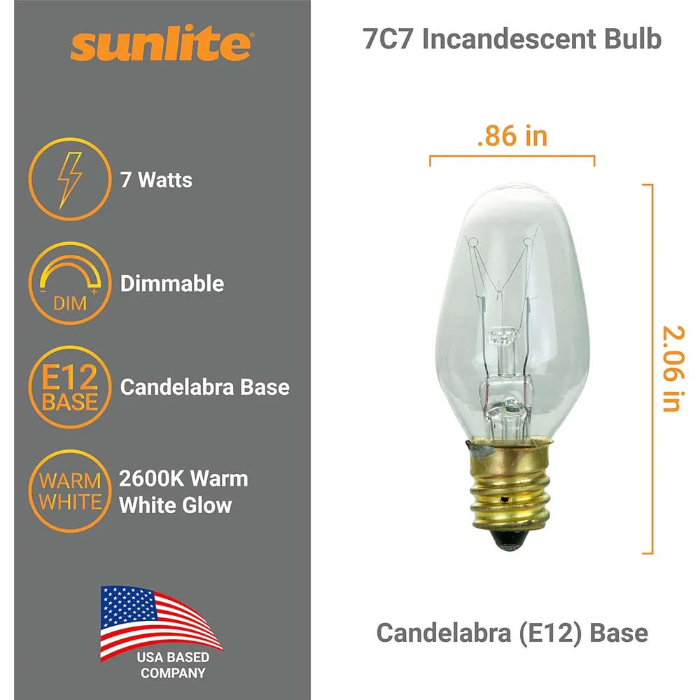 12Pk - Sunlite 7w 7C7 Incandescent E12 Base C7 Night Light Clear Colored Bulb - Image 2