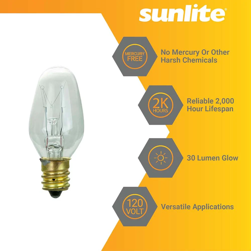 12Pk - Sunlite 7w 7C7 Incandescent E12 Base C7 Night Light Clear Colored Bulb - Image 3