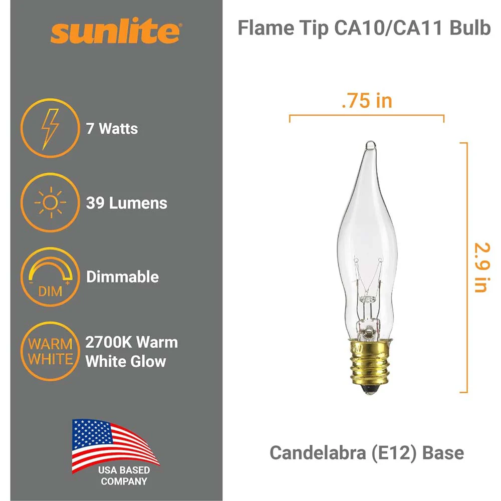 12Pk - Sunlite 7W Incandescent Flame Tip Petite Chandelier E12 Base Clear Bulb - Image 2