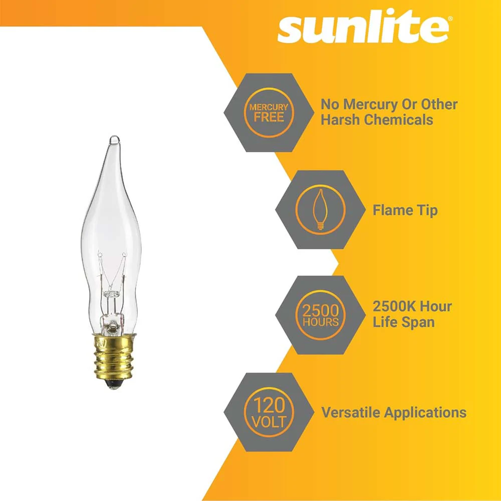 12Pk - Sunlite 7W Incandescent Flame Tip Petite Chandelier E12 Base Clear Bulb - Image 3