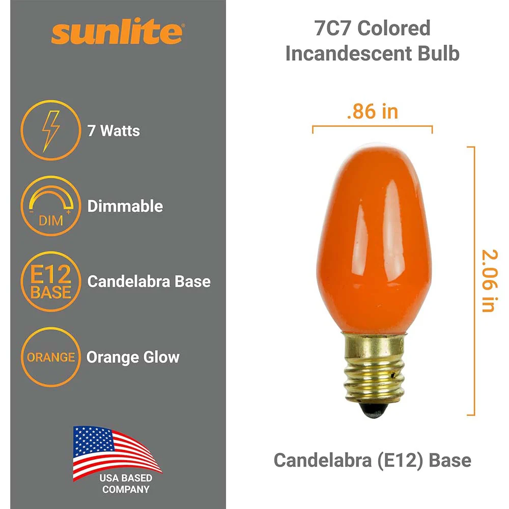 12Pk - Sunlite 7w7 7C7 Incandescent E12 Base C7 Night Light Orange Colored Bulb - Image 2