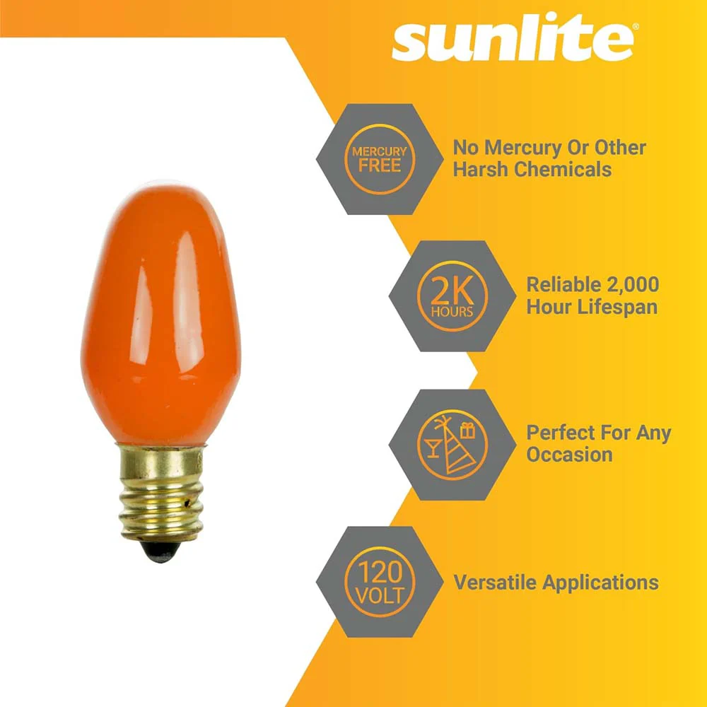 12Pk - Sunlite 7w7 7C7 Incandescent E12 Base C7 Night Light Orange Colored Bulb - Image 3