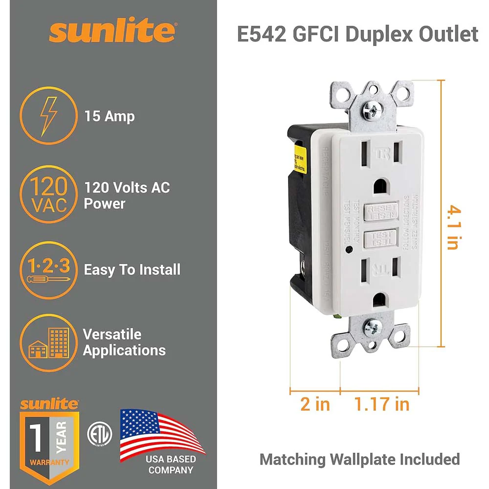 Sunlite E542 GFCI Duplex Outlet 15 Amp 120v Included LED Indicator Light - Image 2