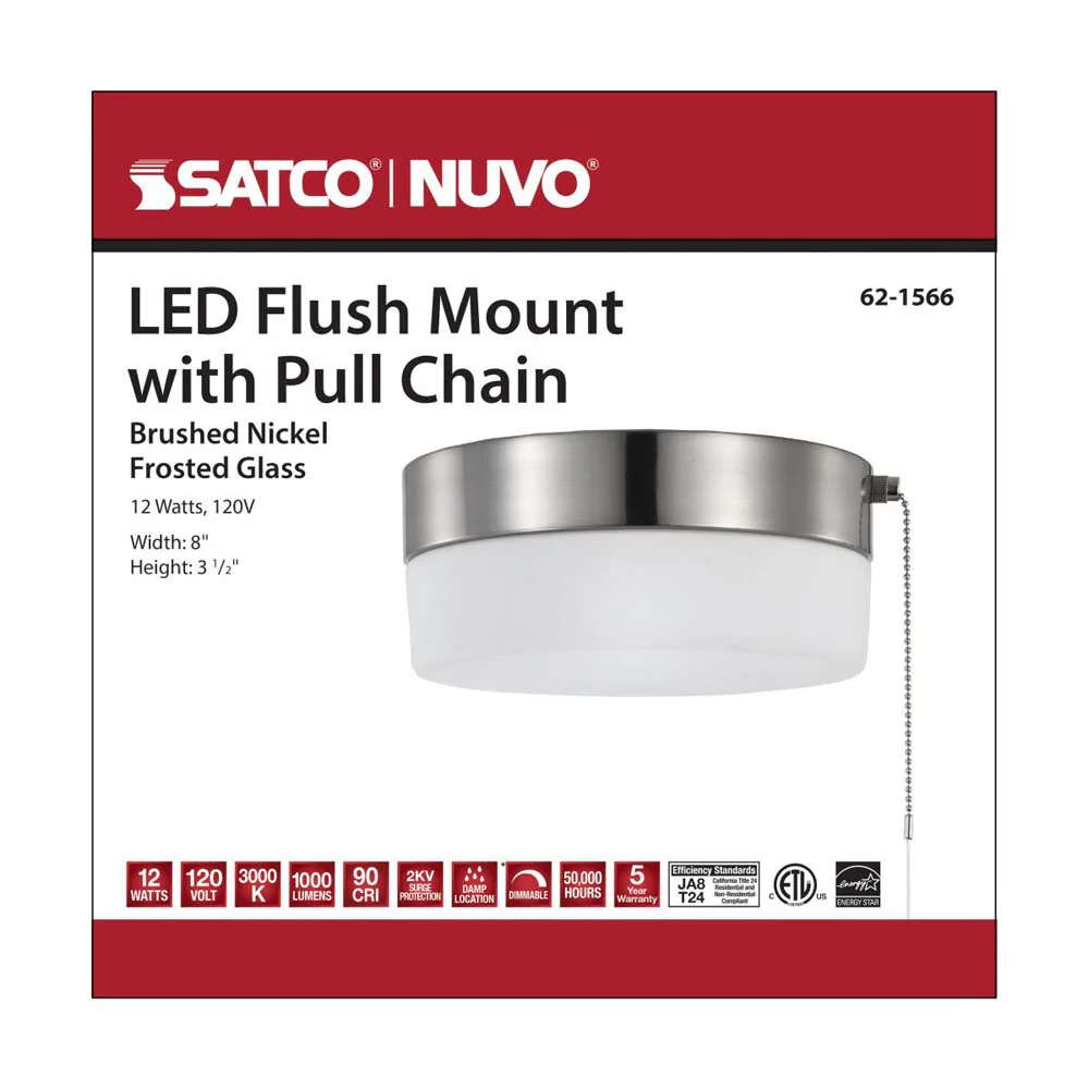 12w 8-in Pull Chain LED Flush Mount Fixture Brushed Nickel with Frosted Glass - Image 7