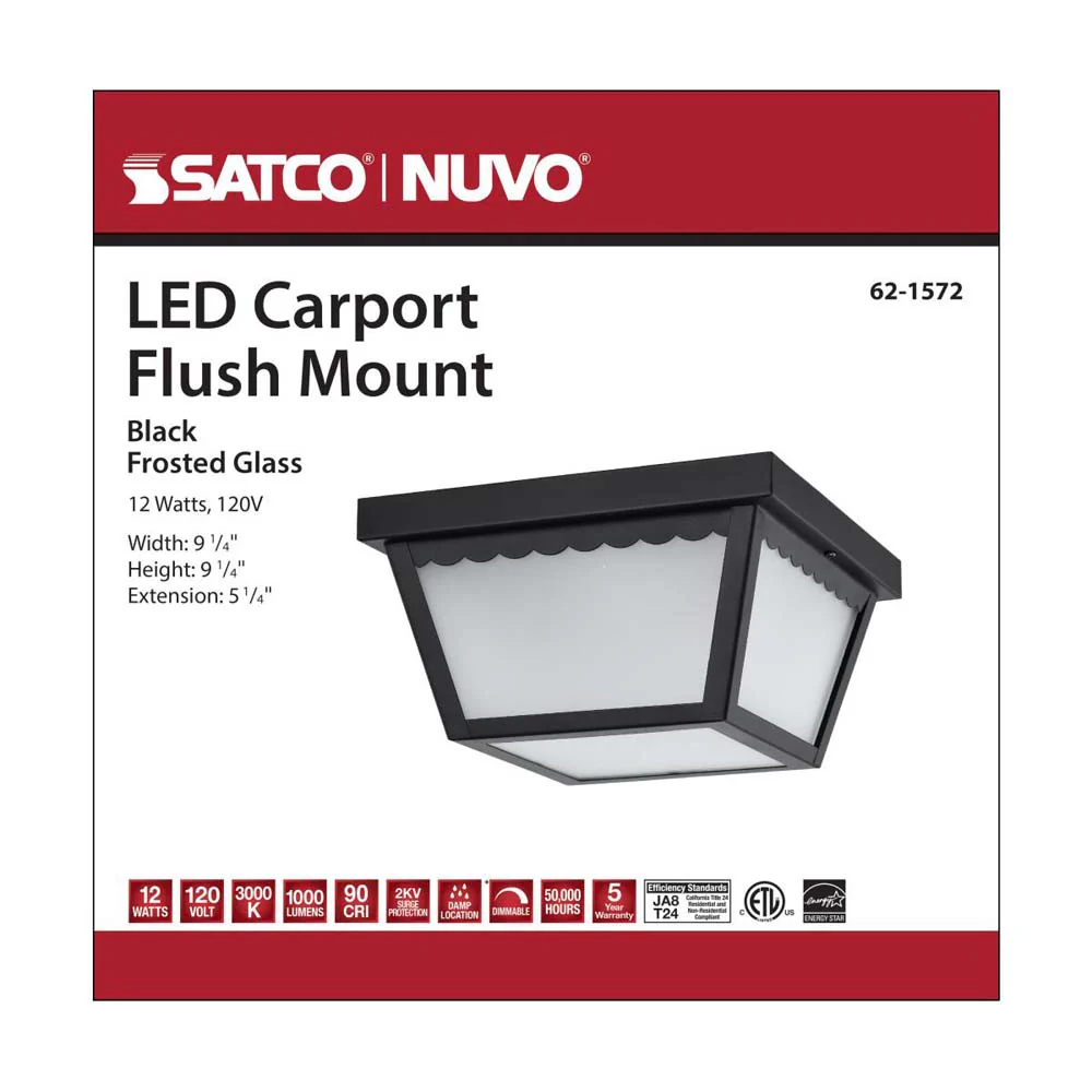 12w 9-in LED Carport Flush Mount Fixture 3000K Dimmable Black w/ Frosted Glass - Image 5