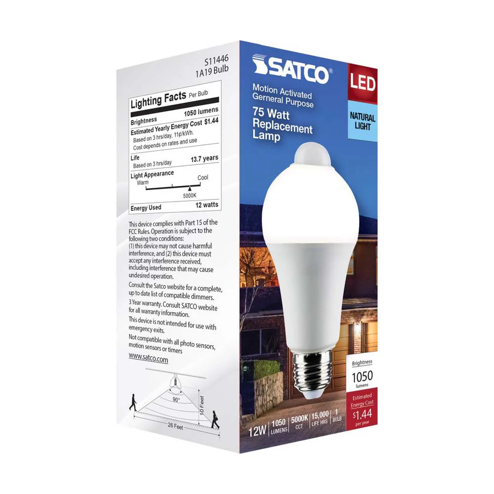 12W A19 LED PIR Sensor White 5000K 1050 Lumens Non-Dimmable 120v - Image 8