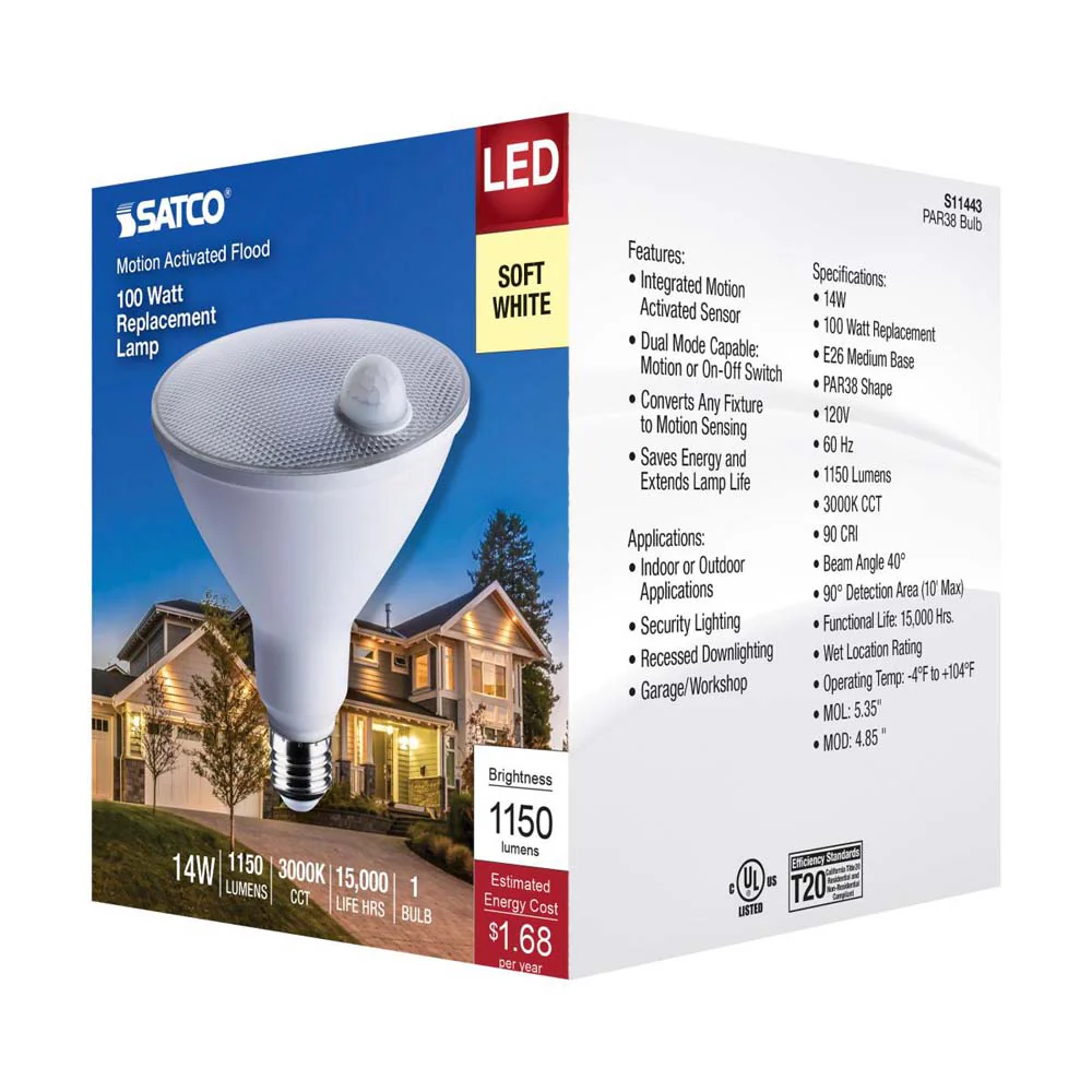 14W PAR38 LED PIR Sensor White 3000K 1100 Lumens Non-Dimmable 120v - Image 8