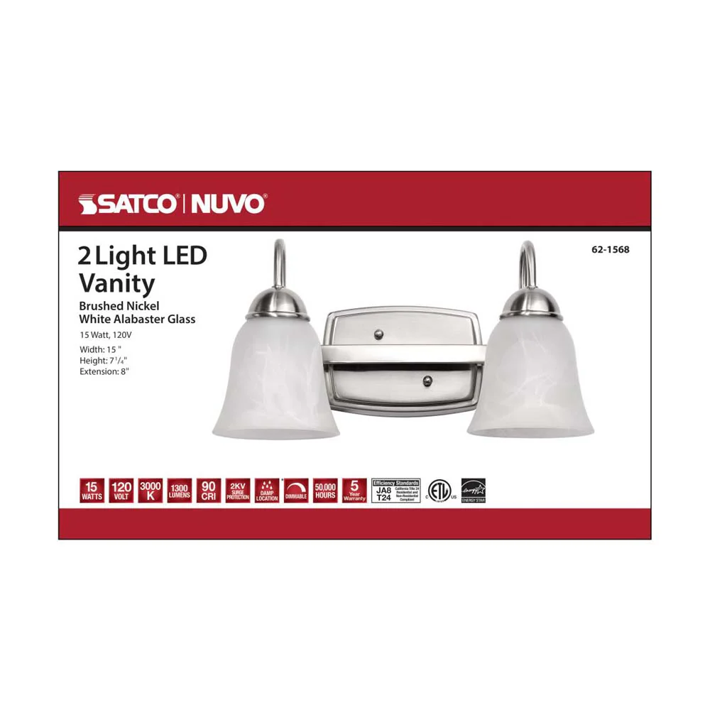 15w LED 2-Light Vanity Fixture 3000K Brushed Nickel w/ Alabaster Glass - Image 6