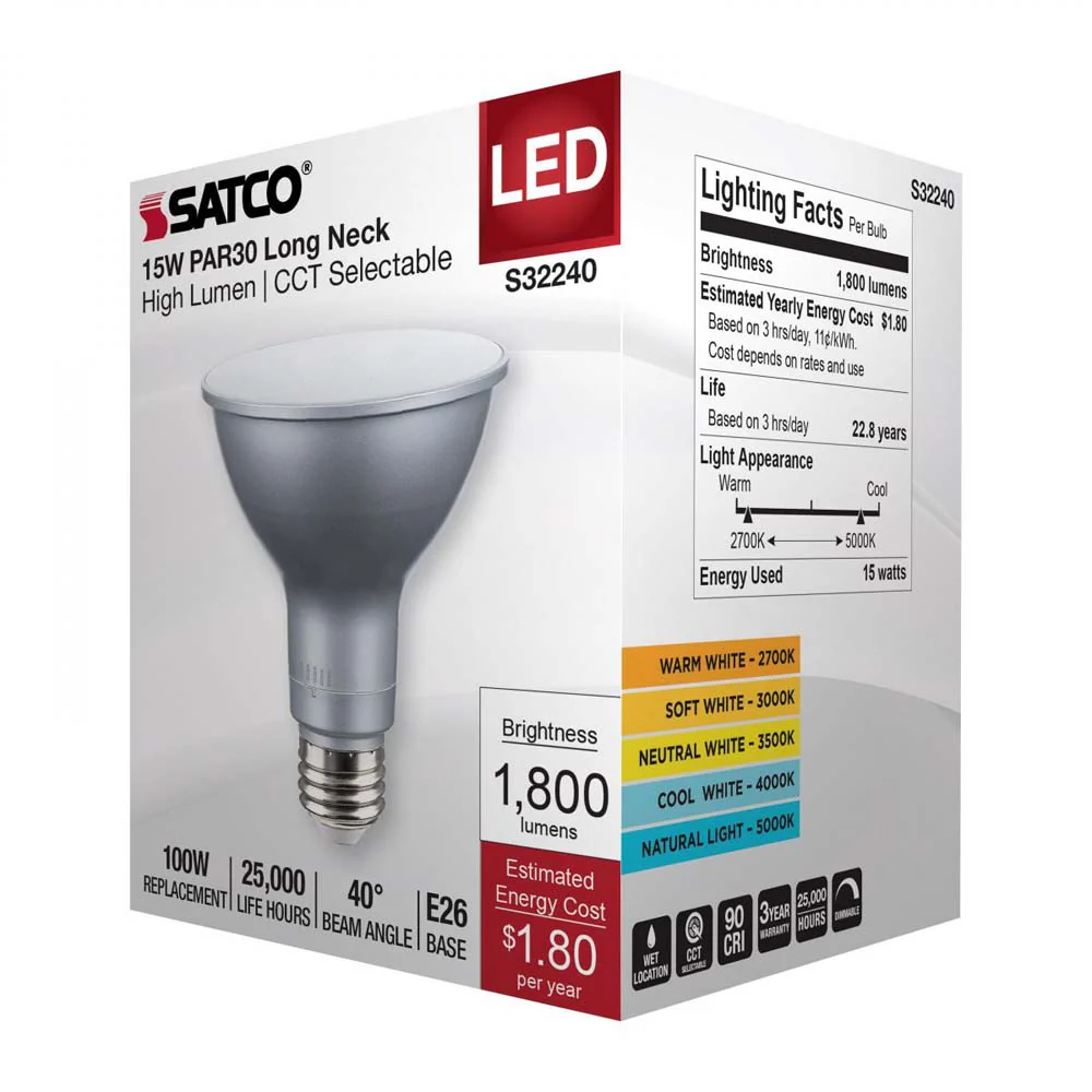 15w PAR30LN High Lumen LED Long Neck CCT Selectable E26 Base 120v - 100w equiv - Image 7