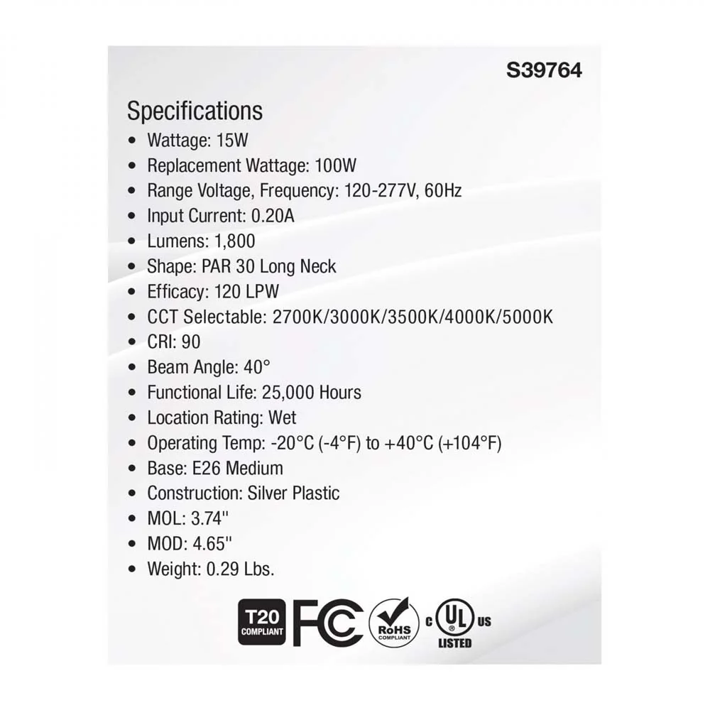 15w PAR30LN High Lumen LED Long Neck CCT Tunable E26 Base 120-277v - 100w equiv - Image 6