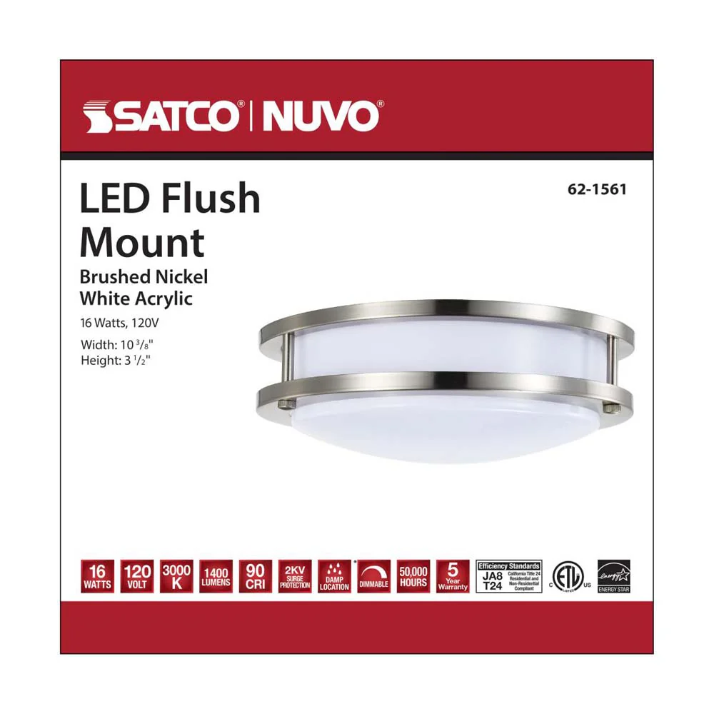 16w 10-in LED Flush Mount Fixture 3000K Dimmable Brushed Nickel White Lens - Image 7