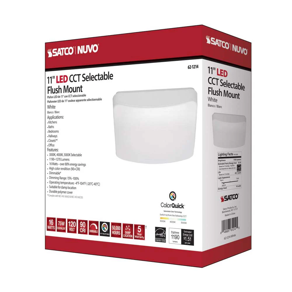 16w 11-in Square Acrylic LED Flush Mount Fixture CCT Selectable White Finish - Image 10