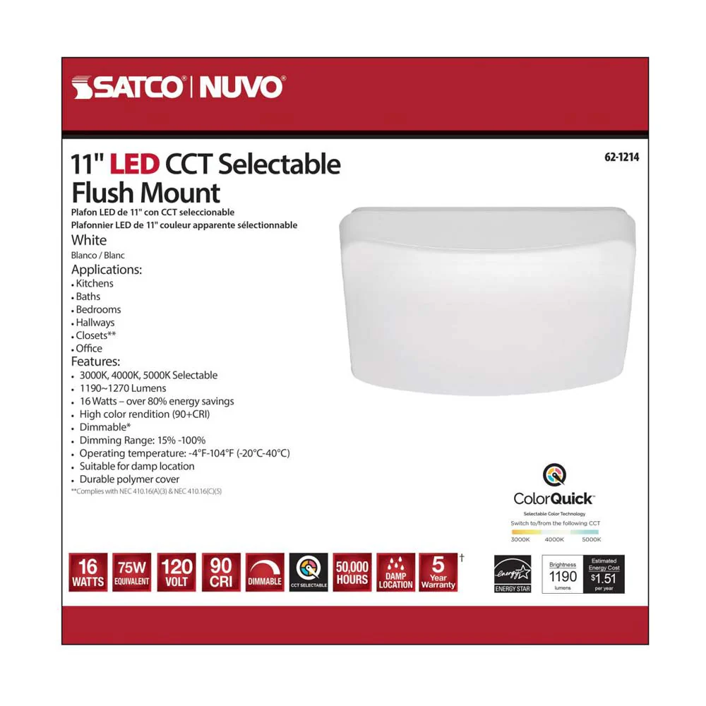16w 11-in Square Acrylic LED Flush Mount Fixture CCT Selectable White Finish - Image 6