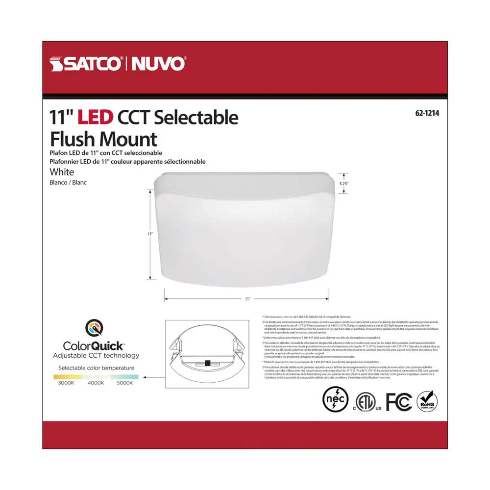 16w 11-in Square Acrylic LED Flush Mount Fixture CCT Selectable White Finish - Image 7