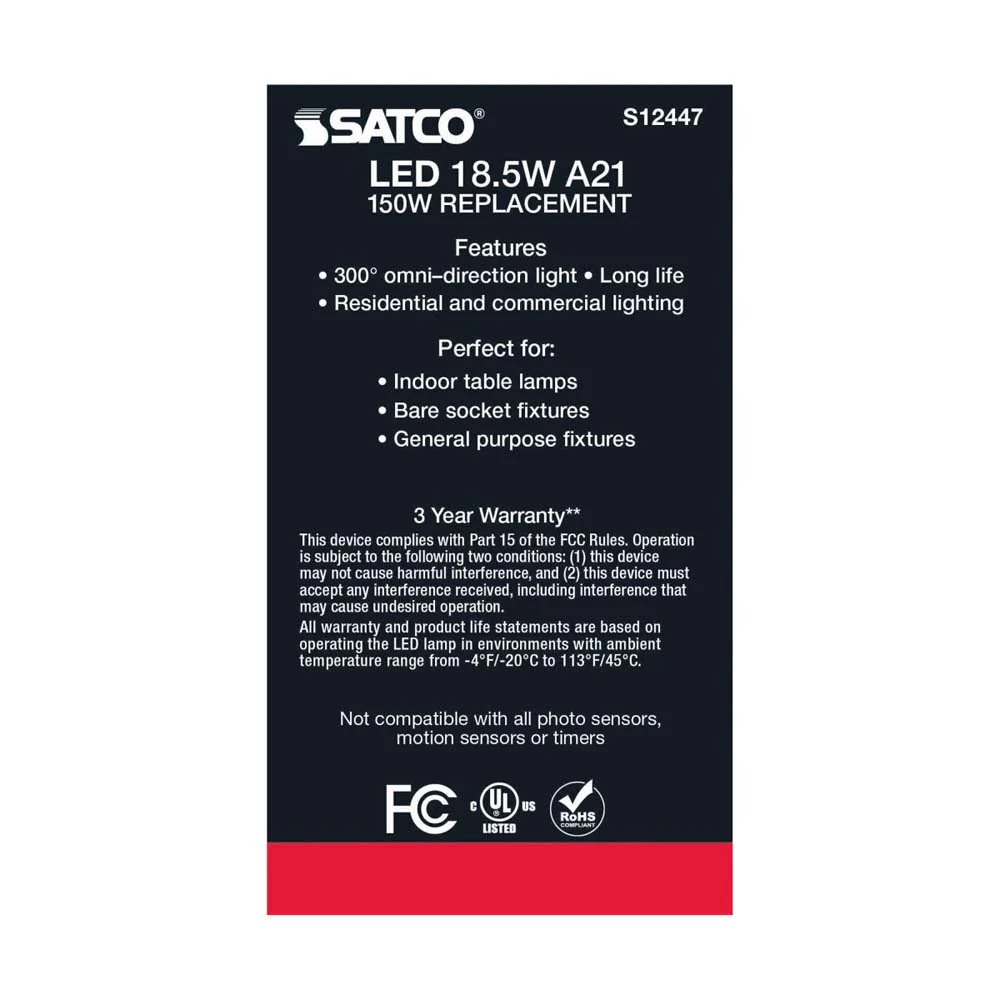 18.5W A21 LED Frost Finish Medium base Soft White 3000K 120v - 150W equiv - Image 7