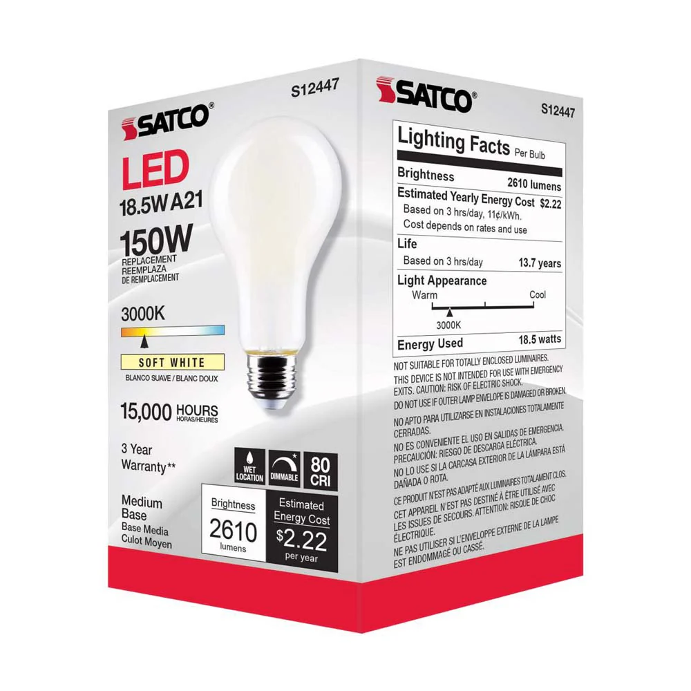 18.5W A21 LED Frost Finish Medium base Soft White 3000K 120v - 150W equiv - Image 8