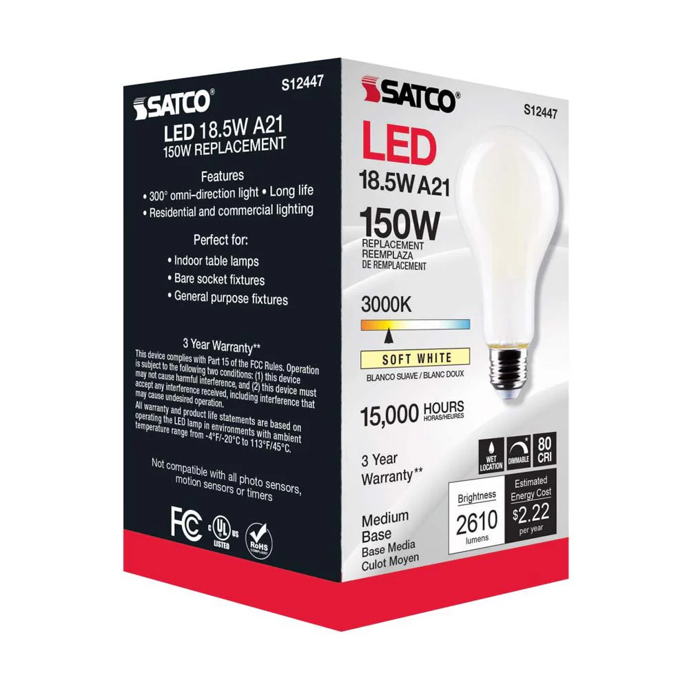 18.5W A21 LED Frost Finish Medium base Soft White 3000K 120v - 150W equiv - Image 9