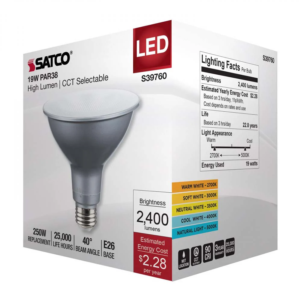 19w PAR38 High Lumen LED Long Neck CCT Selectable E26 Base 120-277v - 250w equiv - Image 7
