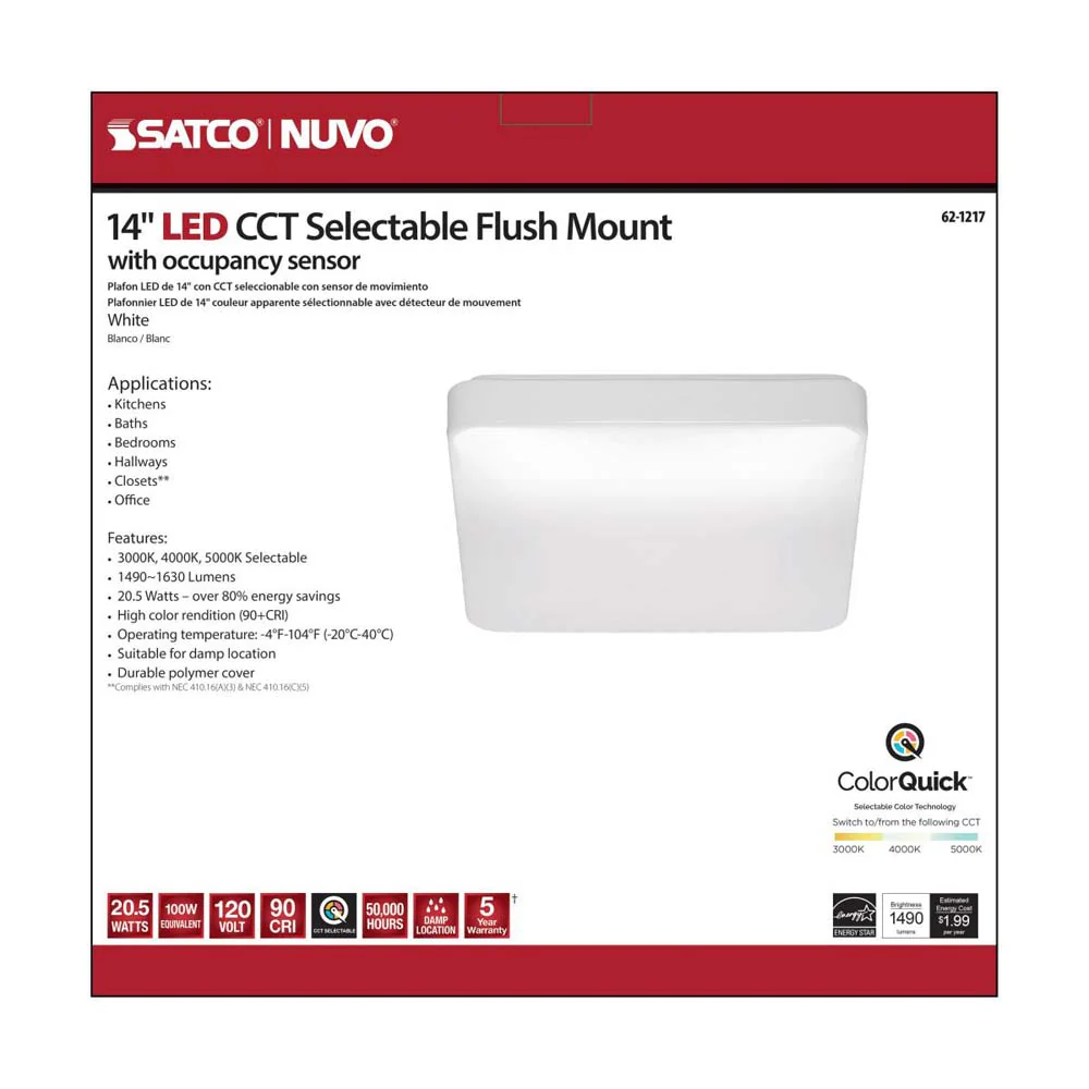 20.5w 14-in CCT Selectable Square Acrylic with Sensor LED Flush Mounted Fixture - Image 3