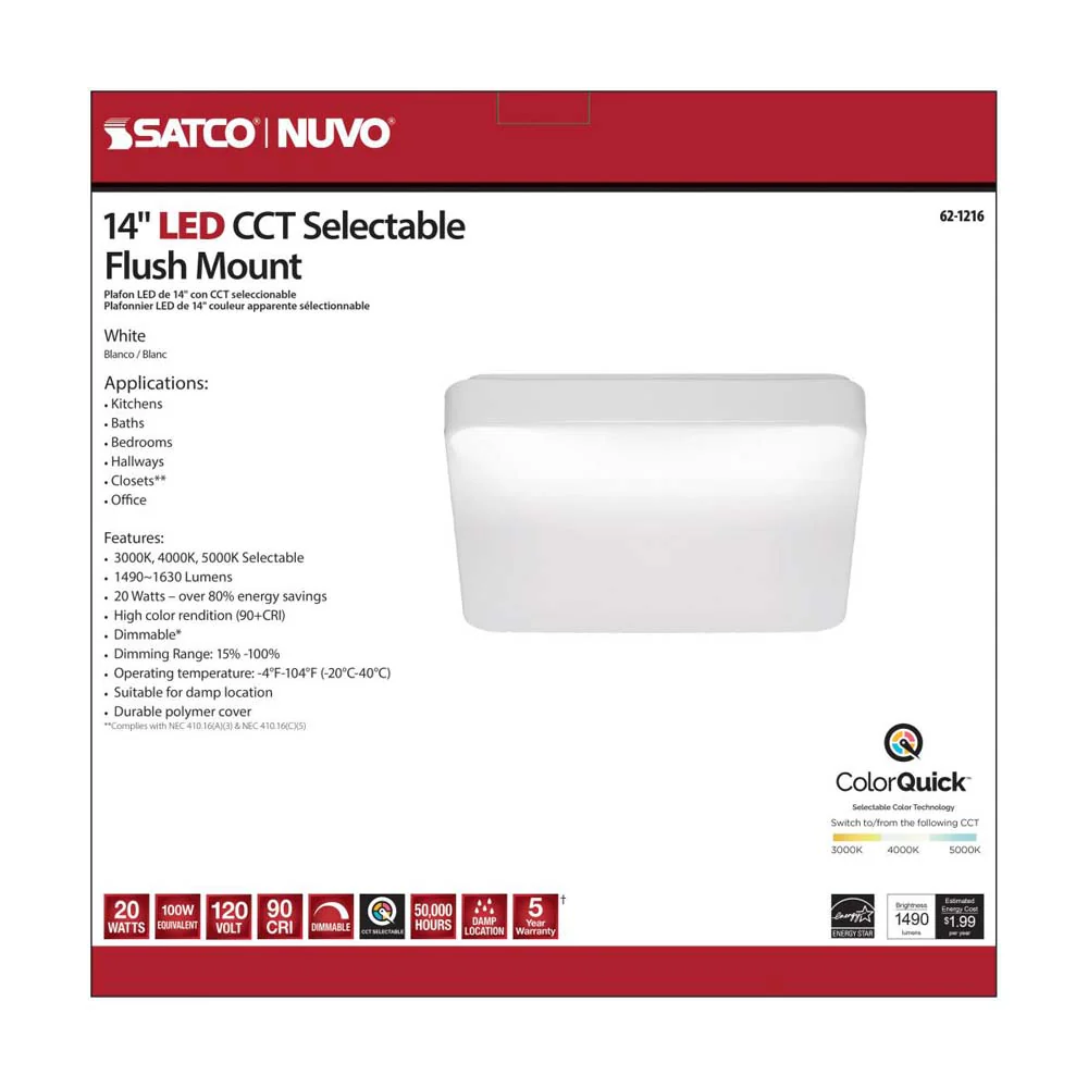 20w 14-in CCT Selectable Square White Acrylic LED Flush Mounted Fixture - Image 3