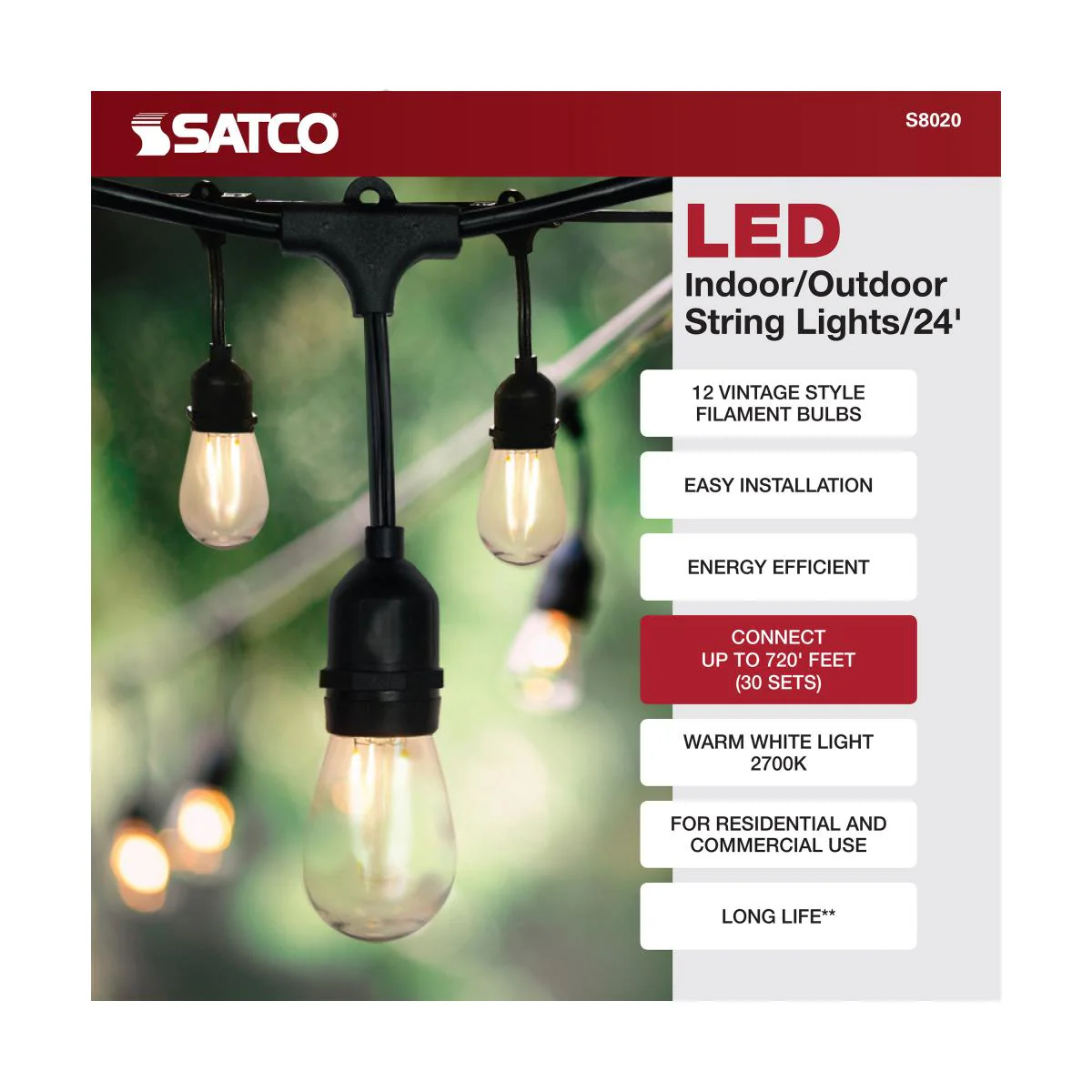 24Ft Outdoor LED String Lights 12W S14 Warm White Bulb w/ 12 Bulbs - Image 8