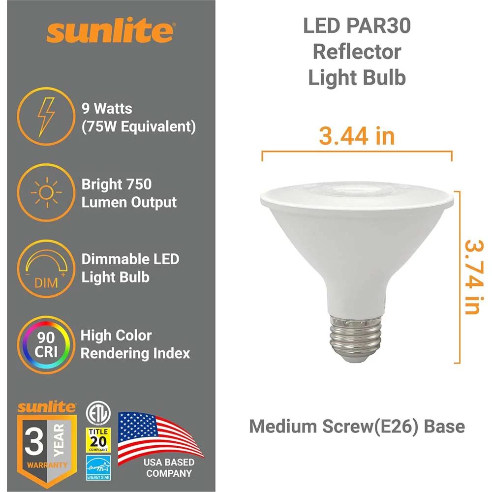 24Pk - Sunlite 9w LED PAR30 Reflector Floodlight 4000K Bulb - 75W Equiv - Image 2