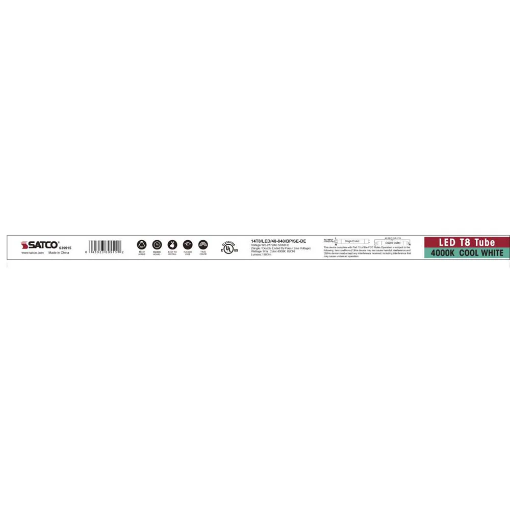 25Pk - Satco 14W 48-in T8 LED Tube 4000K 1800LM G13 Base Ballast Bypass - Image 6