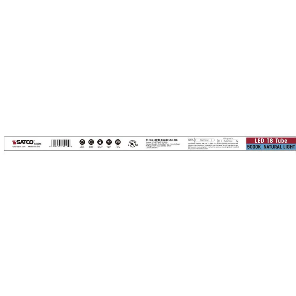 25Pk - Satco 14W 48in T8 LED Tube 5000K 1800LM G13 Base Ballast Bypass - Image 6