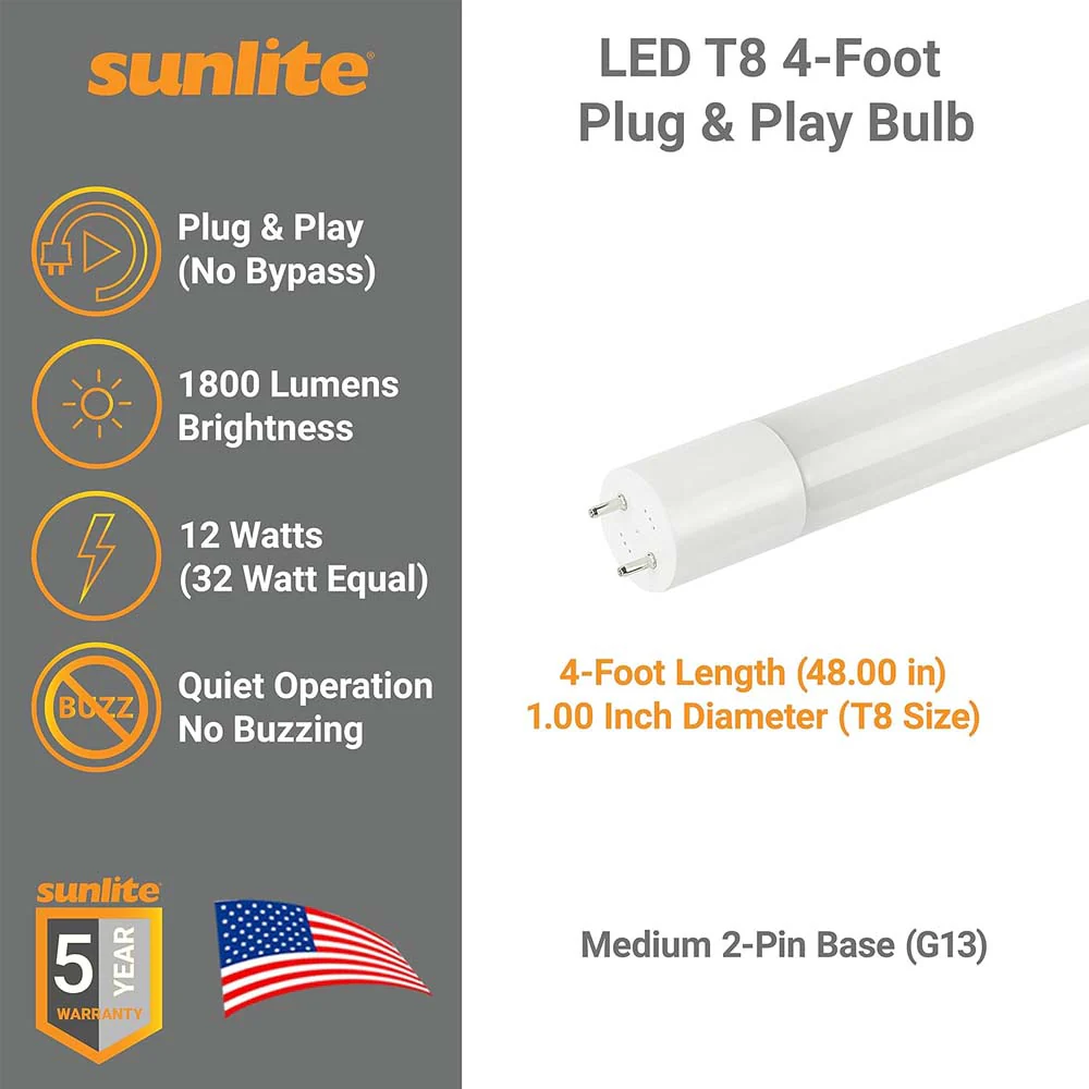 25Pk - Sunlite 11w LED T8  48-in G13 Bi-Pin Base 4000K Plug & Play Light Tube - Image 2