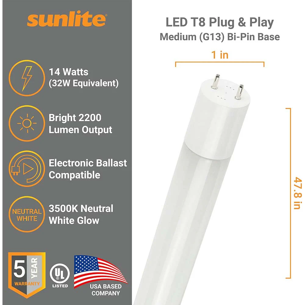 25Pk - Sunlite 14w LED T8 48-in G13 Bi-Pin Base 3500K Plug & Play light Tube - Image 2