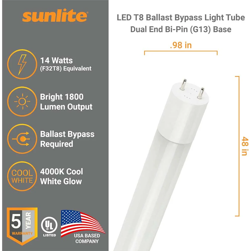 25Pk - Sunlite 14w LED T8 Light Tube 48-in G13 Base Frosted 4000K Ballast Bypass - Image 2