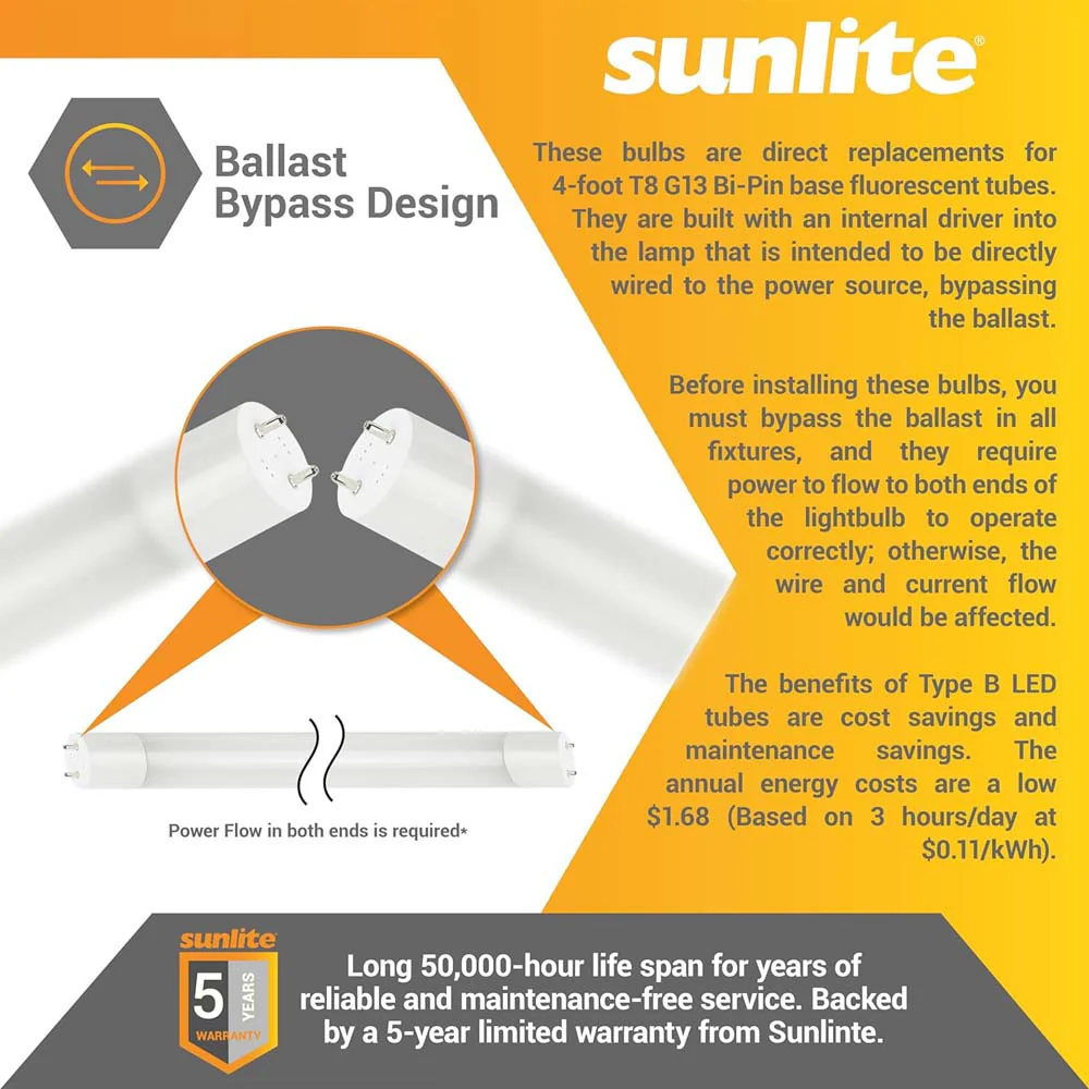 25Pk - Sunlite 17w LED T8 Light Tube 48-in G13 Base Frosted 3000K Ballast Bypass - Image 5